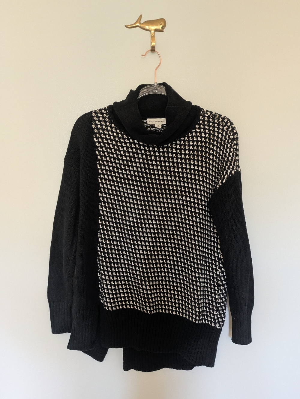 White + Warren Cowl Neck Sweater Houndstooth Split Pattern Black White Medium